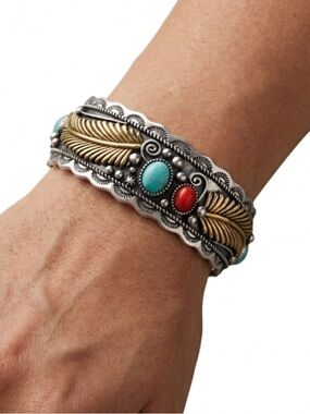 Silver & Gold Feather Cuff Bracelet Turquoise Coral Accents Mixed Metals New